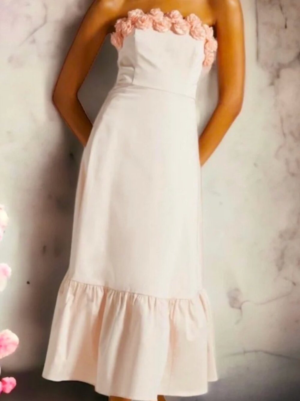 Hutch x Anthropologie 3-D Roses Strapless Pink Ruffled Hem Midi Dress Size 12 - Picture 5 of 9